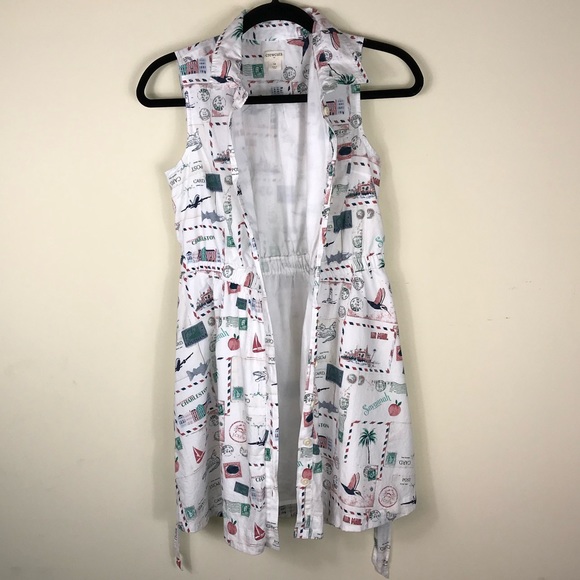 Crewcuts Factory Girls Size 14 Multicolor Waist Tie Postcard Print Shirt Dress - Picture 3 of 12